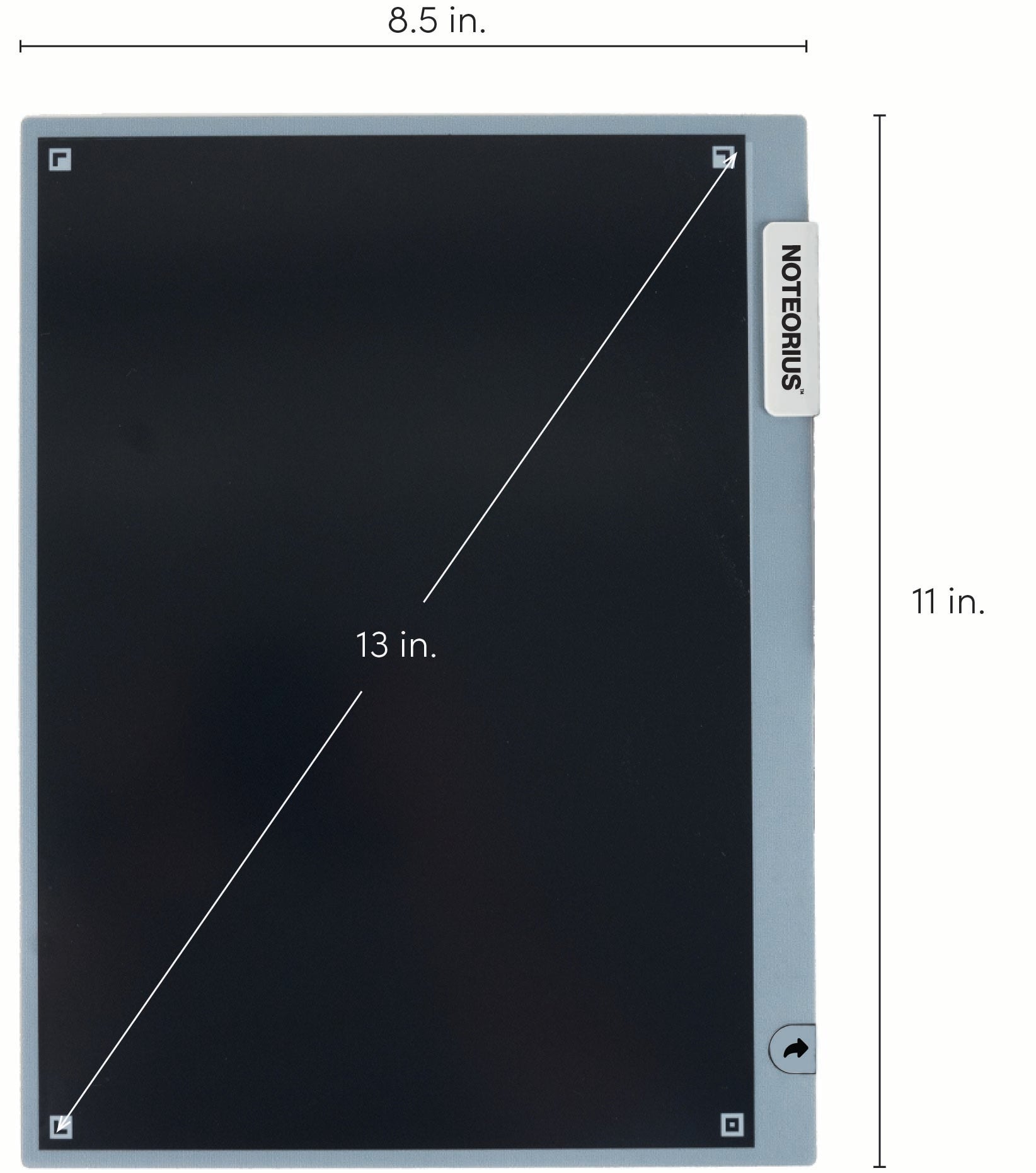Black digital notebook with dimensions labeled on a white background