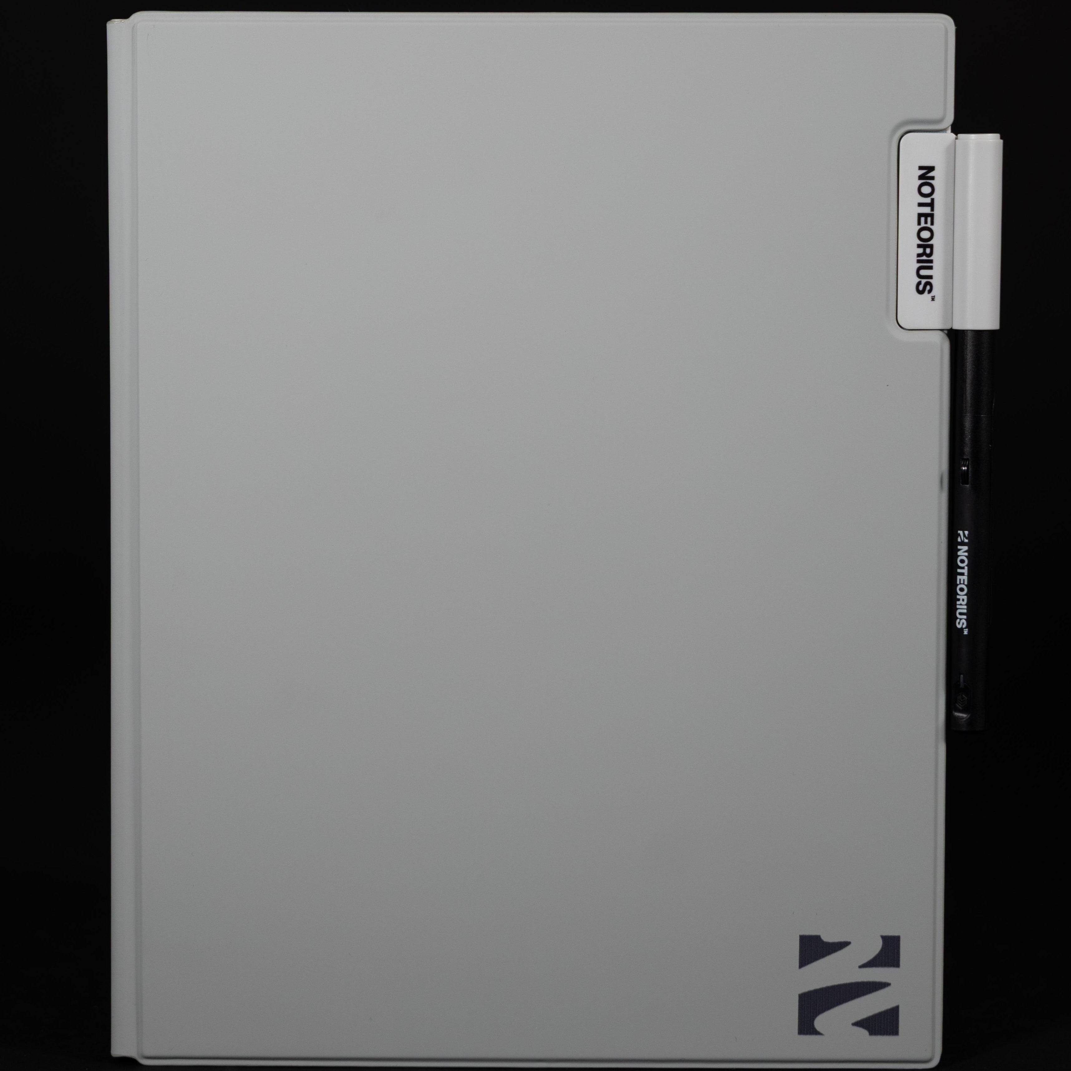 Gray smart notebook with a noteorius brand logo on a black background