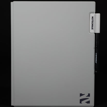 Gray smart notebook with a noteorius brand logo on a black background